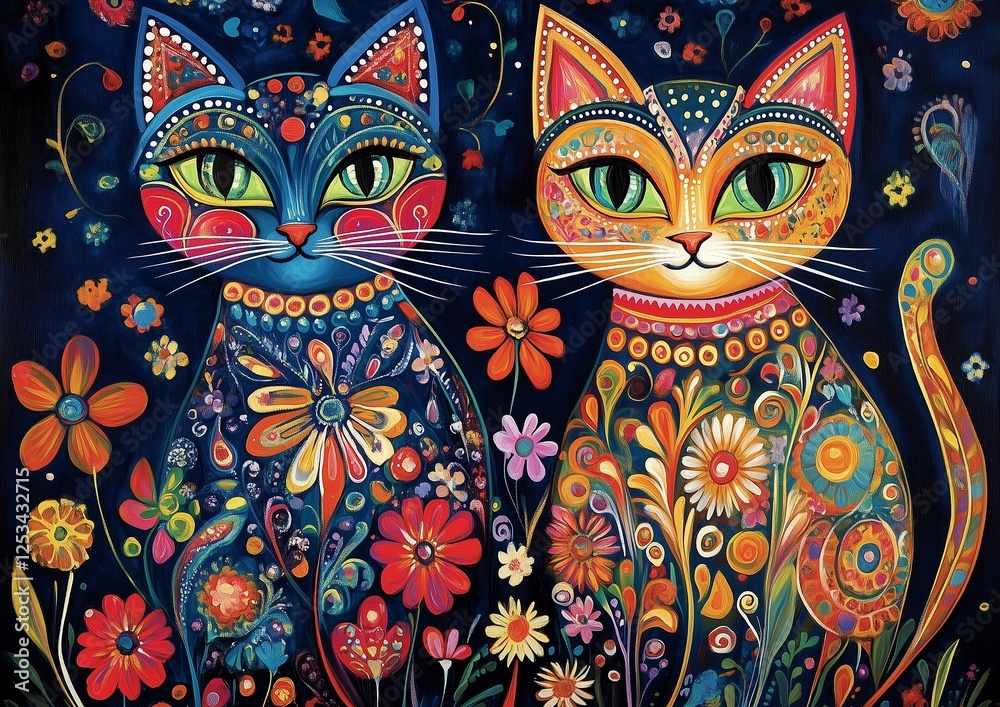 Naklejka premium 2 Colorful cats patterned with floral design