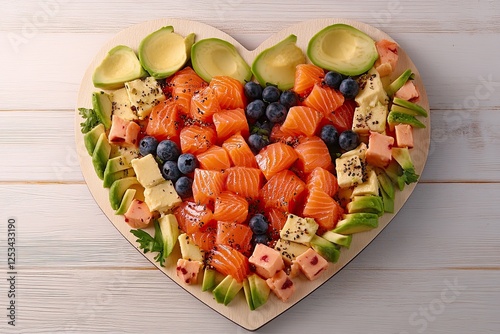 Heart shape representing a ketogenic, low-carb diet concept. Ingredients for healthy food selection on a white wooden background. Balanced healthy ingredients rich in unsaturated fats for heart and