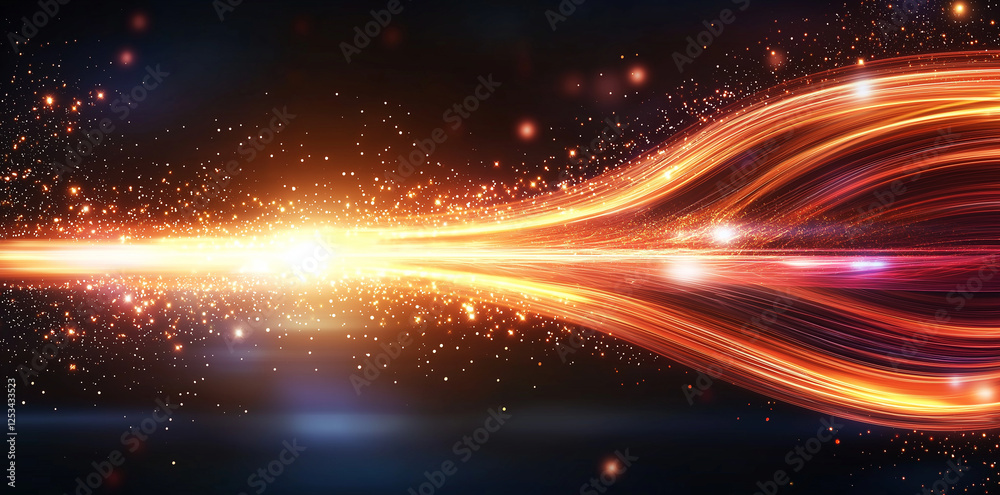 Obraz premium Bright glowing light trails with motion blur create dynamic background filled with sparkling particles, evoking sense of speed and energy