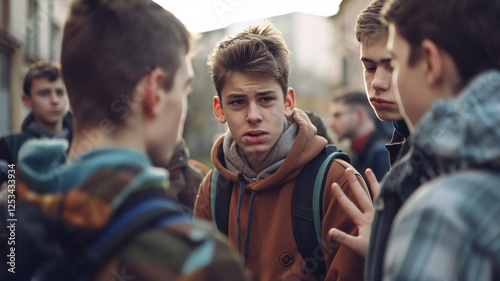 A group of teenagers cornering a younger student, intimidating him with threatening gestures.