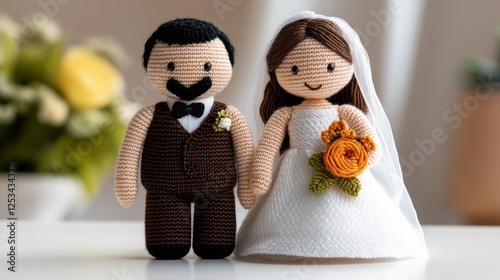 Handmade crochet wedding dolls depicting a bride and groom, surrounded by floral decor indoors