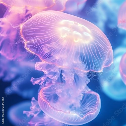 Colorful jellyfish gracefully swimming in an aquarium exhibit under soft blue and purple lighting. Generative AI