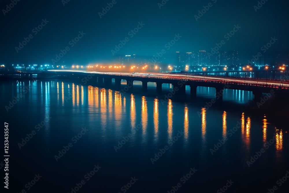 Fototapeta premium Night City Bridge Lights Reflecting on Water