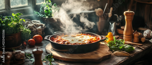 Rustic kitchen scene with a steaming lasagna dish, surrounded by fresh ingredients