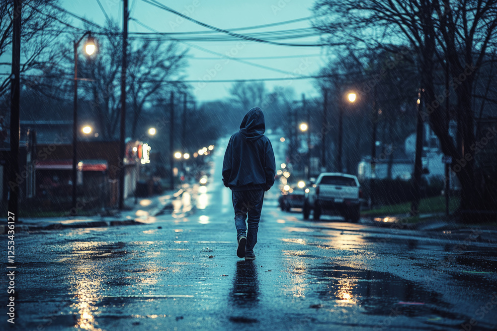Obraz premium A sad teenager walks down an empty street at dusk, hands in pockets and head down, with dim streetlights casting shadows on the wet pavement and a darkening sky, reflecting teenage struggles