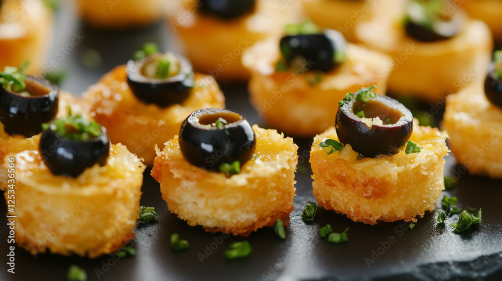 Small gourmet bites with a crispy base, smooth cheese, olives, and diced onion Small gourmet bites with a crispy base, smooth cheese, olives, and diced onion