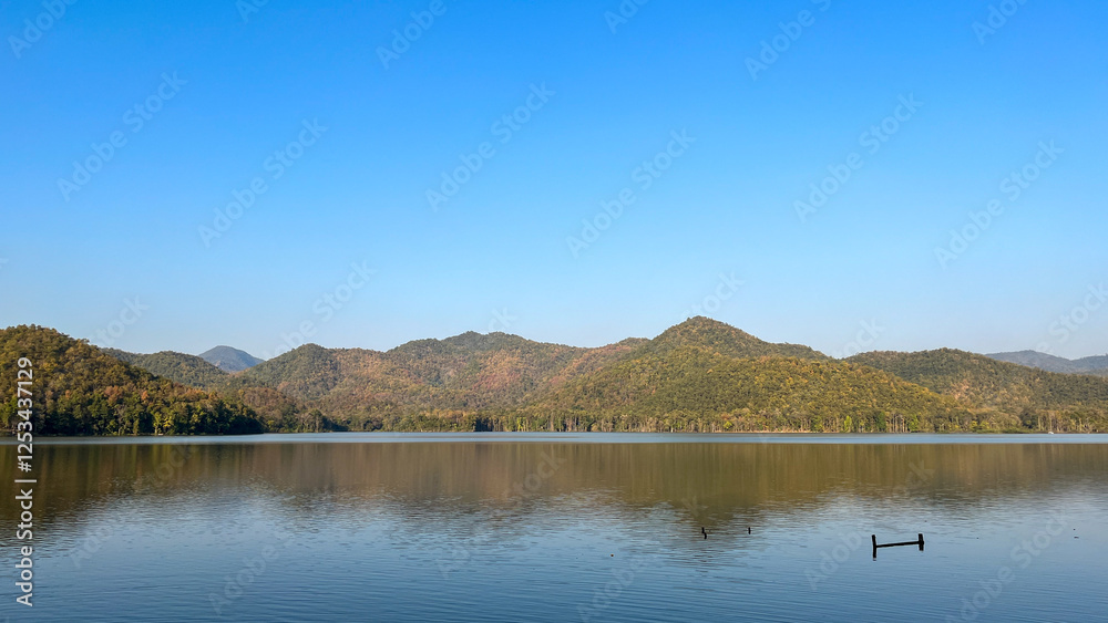 A tranquil lake reflecting lush green mountains under a clear blue sky A tranquil lake reflecting lush green mountains under a clear blue sky