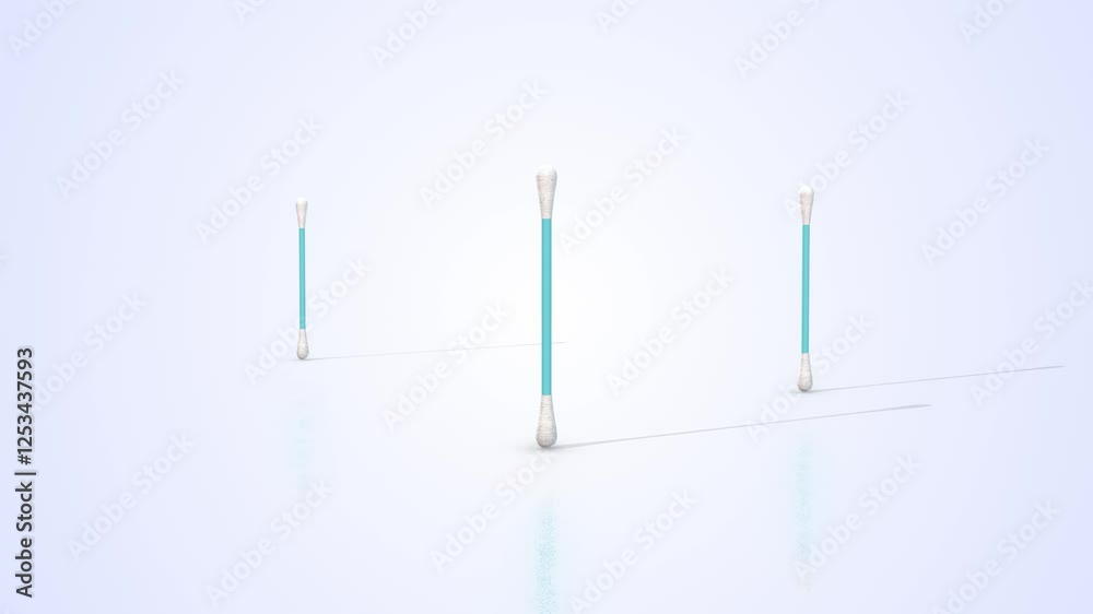 Cotton Swabs on a Light Reflective Floor. Cotton Buds 3D Animation. 4K Cotton Swabs on a Light Reflective Floor. Cotton Buds 3D Animation. 4K
