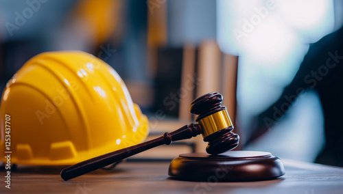 yellow construction helmet and gavel on desk symbolize intersection of construction and law. This evokes sense of authority and professionalism in legal context