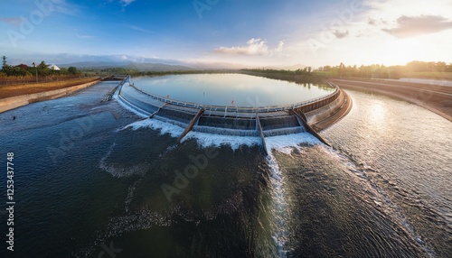 Photography the dam flows clean water in the morning industrial waste water treatment plant