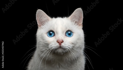 portrait of british white cat with blue eyes gazing on isolated black background front view