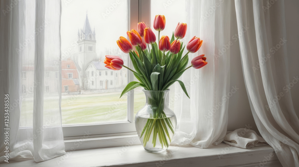 Bouquet of tulips in a vase, fresh and vibrant, on a windowsill with a serene view Bouquet of tulips in a vase, fresh and vibrant, on a windowsill with a serene view