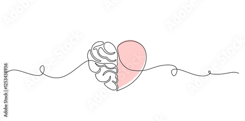 One line drawing of half of human brain and human heart. Vector illustration, One continuous line drawing of half of human brain and love in shape of heart logo icon. Philosophical love