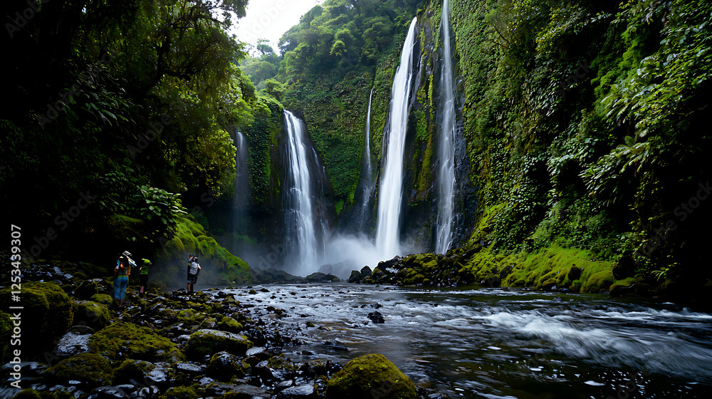 Fototapeta premium A group of people are standing near a waterfall in a lush green forest. generated using AI