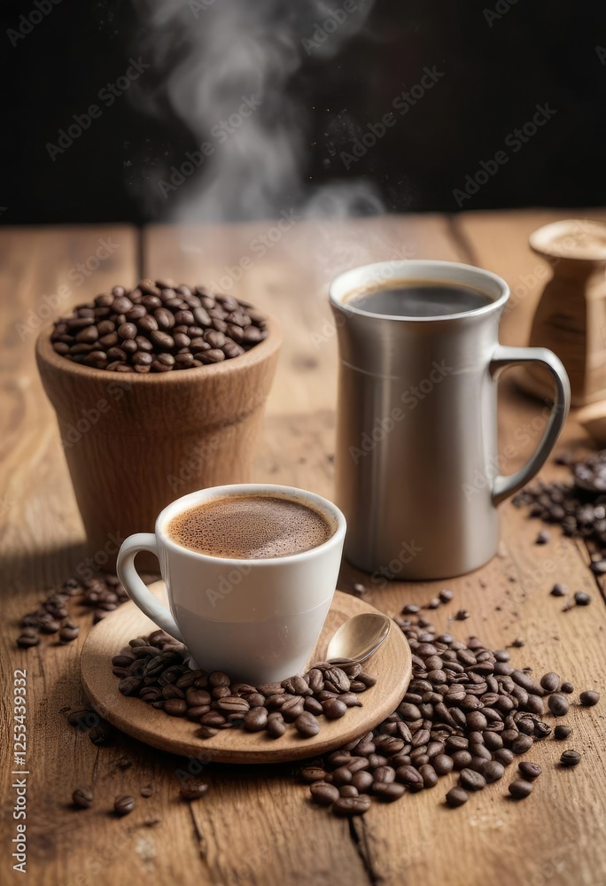 Fototapeta premium A stack of freshly ground coffee beans on a distressed wooden table next to a steaming hot espresso coffee cup, aromatic aroma, rustic decor.