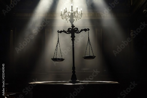 Empty courtroom featuring illuminated scales of justice, casting dramatic shadows and emphasizing themes of legal fairness, equality, and the critical nature of decision-making photo