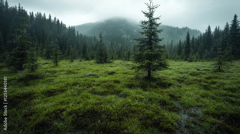 Fototapeta premium Misty mountain valley, lush green meadow, tranquil nature scene, perfect for wallpaper or screensaver