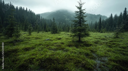Wallpaper Mural Misty mountain valley, lush green meadow, tranquil nature scene, perfect for wallpaper or screensaver Torontodigital.ca