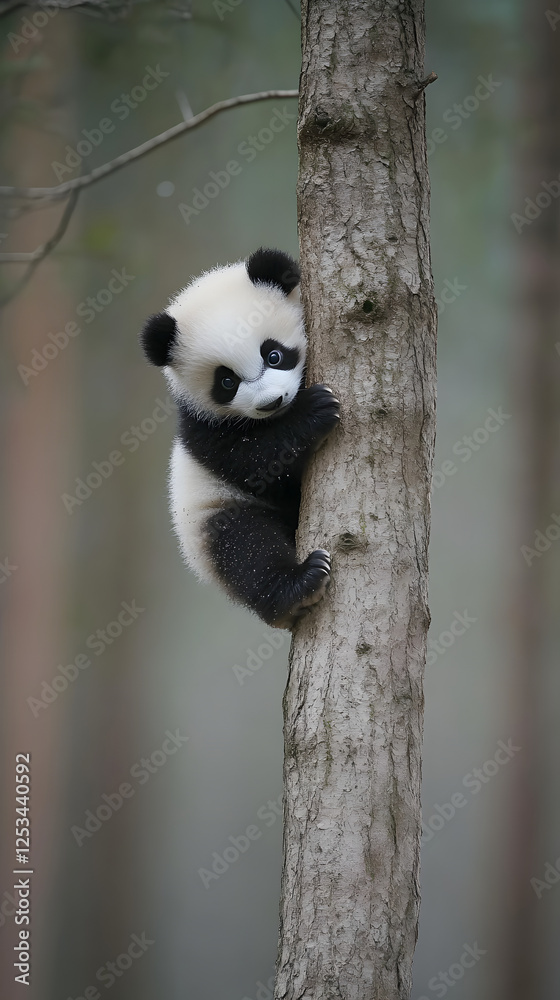 Obraz premium Cute panda hanging on a tree