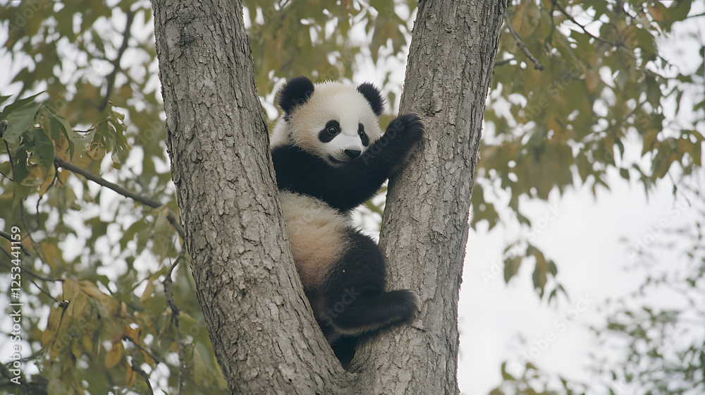 Obraz premium Cute panda hanging on a tree 