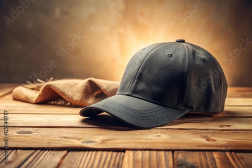 A dark-colored baseball cap rests on a rustic wooden surface, beside a piece of textured fabric, bathed in warm, ambient light