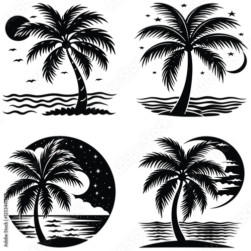 Palm tree swaying in the ocean breeze at twilight