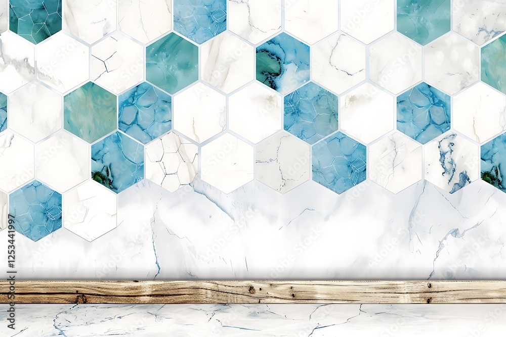 Stylish white marble background featuring blue and green hexagon tiles and wood accents, perfect for seamless wall decor. Stylish white marble background featuring blue and green hexagon tiles and wood accents, perfect for seamless wall decor.