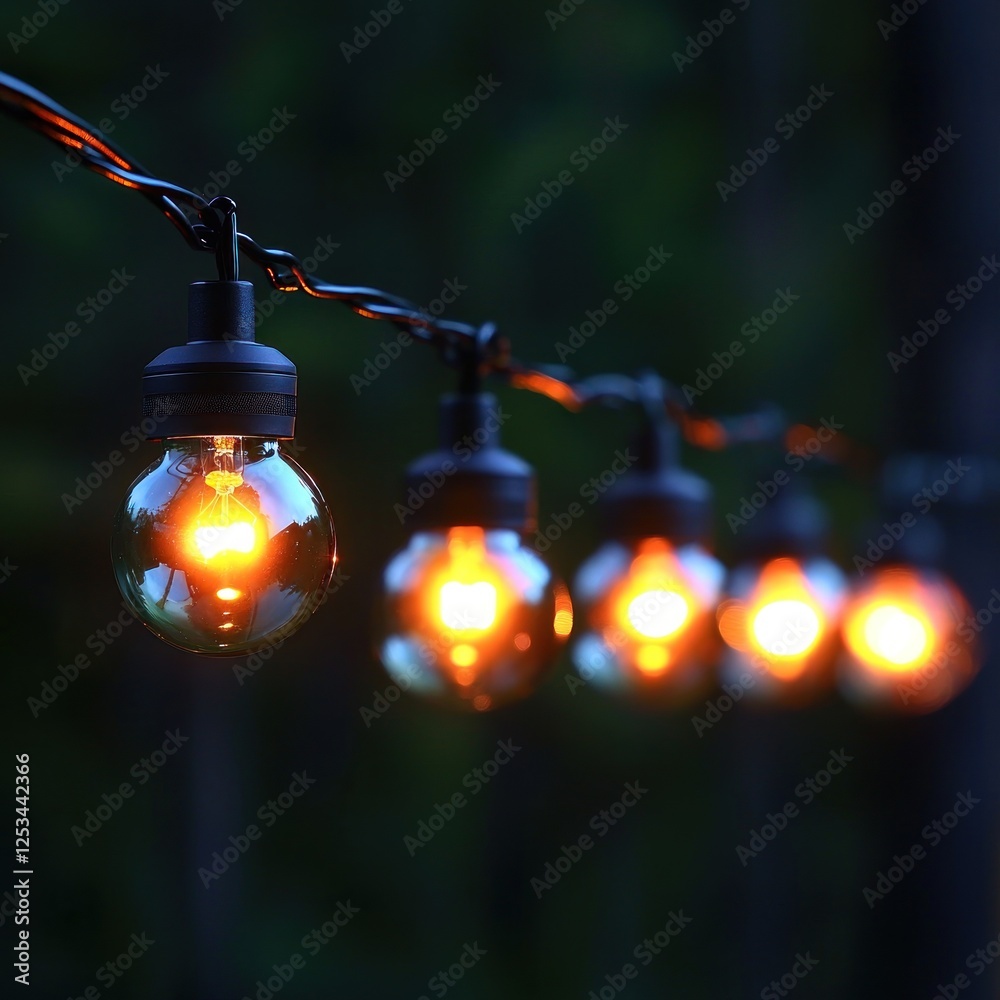 Glowing string lights illuminating a dark outdoor evening scene Glowing string lights illuminating a dark outdoor evening scene