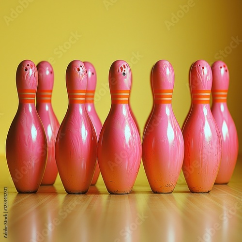Pink bowling pins on wooden lane, ready for a strike