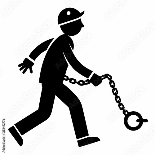 Silhouette of a Chained Prisoner Walking, Isolated on White Background. Captive, Freedom, Despair,  