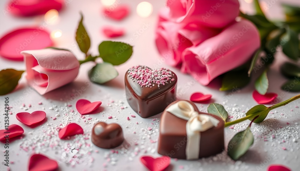 A composition full of love with heart-shaped chocolates, pink roses and flower petals. Perfect for expressing affection. A composition full of love with heart-shaped chocolates, pink roses and flower petals. Perfect for expressing affection.