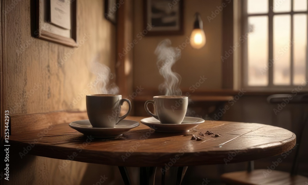 a steaming cup of coffee on a small wooden table in a dimly lit corner of a vintage cafe, small table, mist a steaming cup of coffee on a small wooden table in a dimly lit corner of a vintage cafe, small table, mist