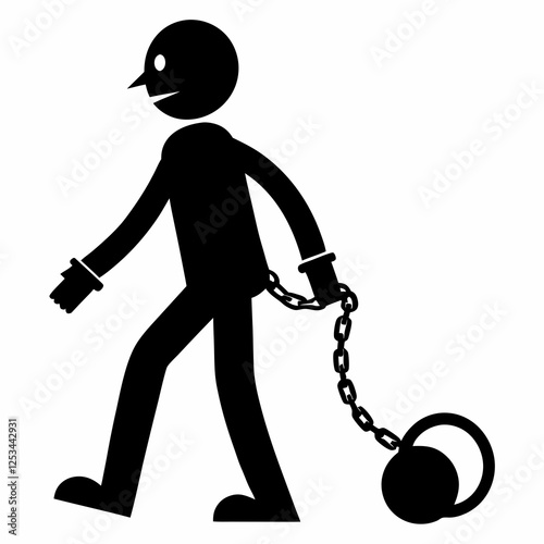 Silhouette of a Chained Prisoner Walking, Isolated on White Background. Perfect for thematic        