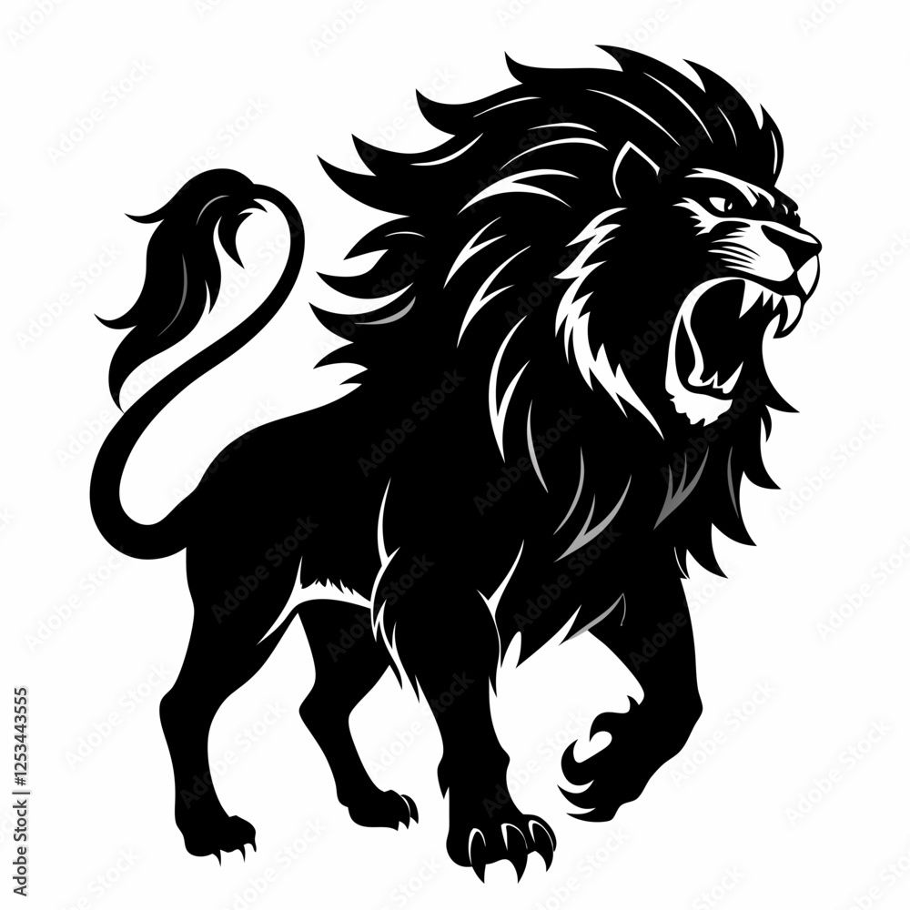 Majestic Lion Silhouette Roaring: Power, Wild, African, Pride, King, Jungle, Wildlife, Nature,      