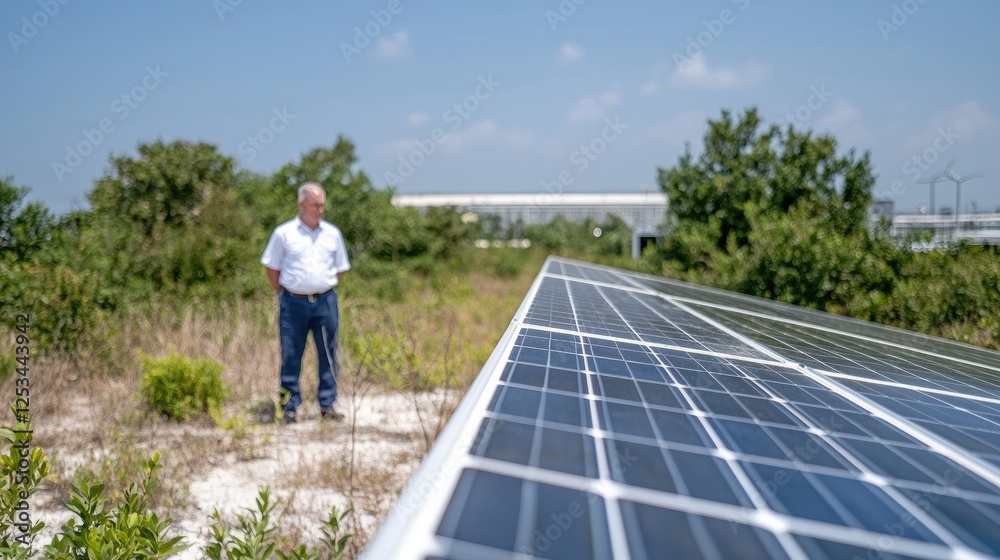 Man observing solar panel installation, sunny day, overgrown area. Possible use Stock photo for renewable energy, environmental awareness Man observing solar panel installation, sunny day, overgrown area. Possible use Stock photo for renewable energy, environmental awareness