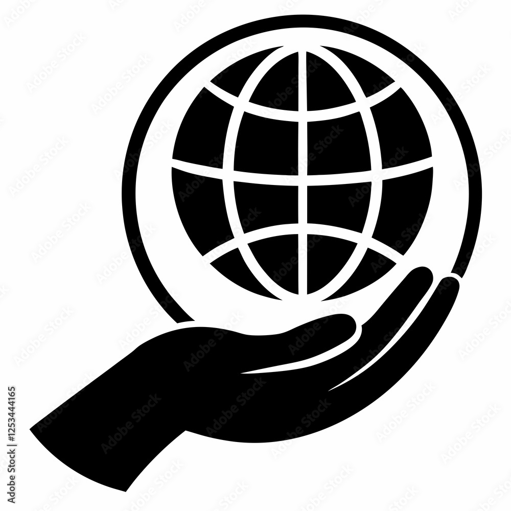 Global Connection: Hand Holding World Silhouette Icon, Isolated on White Background. Perfect for    
