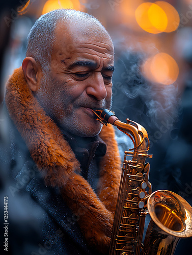 Closeup of a mature man with a beard, wearing a furtrimmed coat, playing a saxophone outdoors on a cold, atmospheric day.  The image evokes feelings of winter, music, and artistry. photo