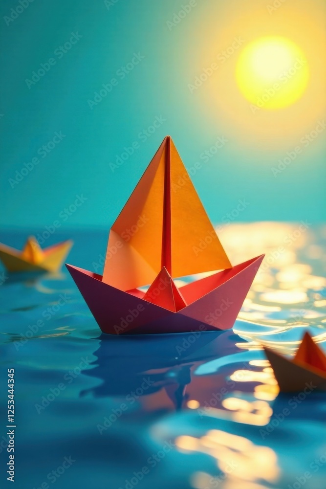 A Colorful Paper Boat Sails Towards a Golden Sunset on a Calm Ocean Surface A Colorful Paper Boat Sails Towards a Golden Sunset on a Calm Ocean Surface