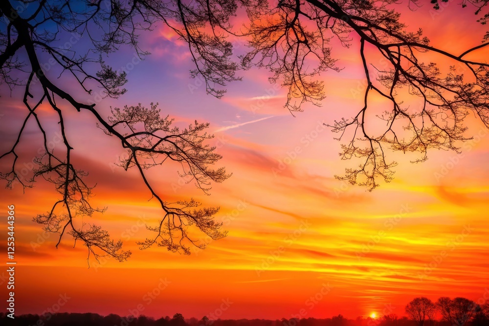 Serene Sunset Silhouette Branches Frame a Vivid Sky Displaying Fiery Hues and Gentle Clouds Serene Sunset Silhouette Branches Frame a Vivid Sky Displaying Fiery Hues and Gentle Clouds
