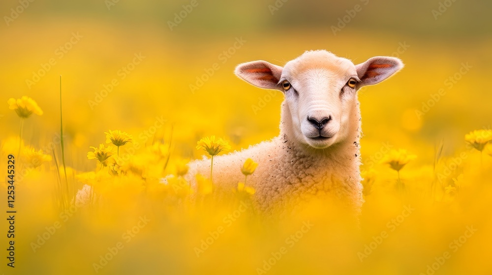 A serene sheep standing amidst a vibrant field of yellow flower under a soft, blurred background A serene sheep standing amidst a vibrant field of yellow flower under a soft, blurred background