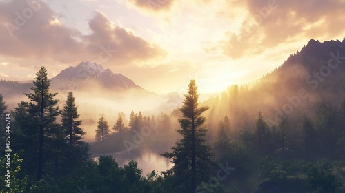 Misty sunrise over a mountain range with tall trees and a tranquil lake in the foreground
