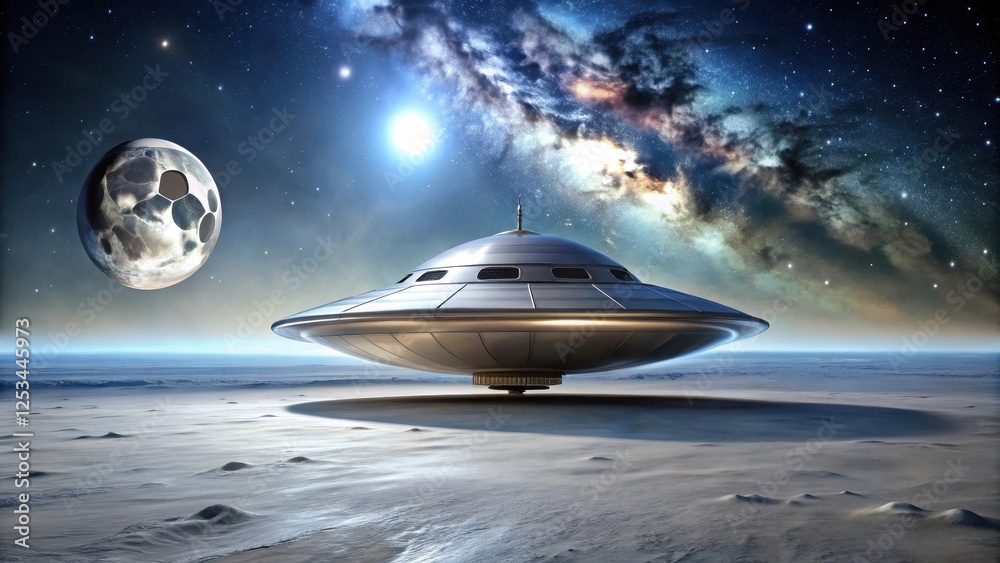 A Futuristic Spaceship Descends Onto an Icy, Alien Planet Under a Starry Sky with a Celestial Body A Futuristic Spaceship Descends Onto an Icy, Alien Planet Under a Starry Sky with a Celestial Body