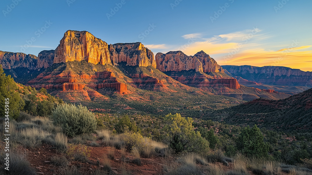 Fototapeta premium Here's a photo of red rock formations, showcasing a landscape suitable.The scenery is likely in Sedona, Arizona, with warm sunlight enhancing the desert tones.