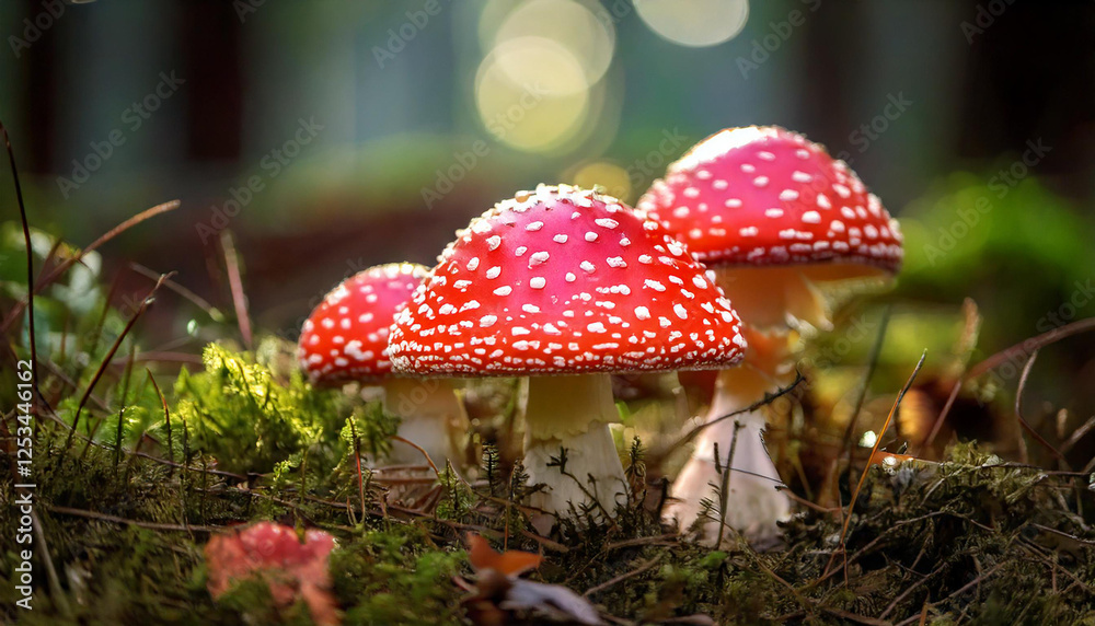 Fototapeta premium Fliegenpilze: Nahaufnahme mit Schärfentiefe, leuchtend rote Hüte mit weißen Flecken, mystisch und fotogen im Wald