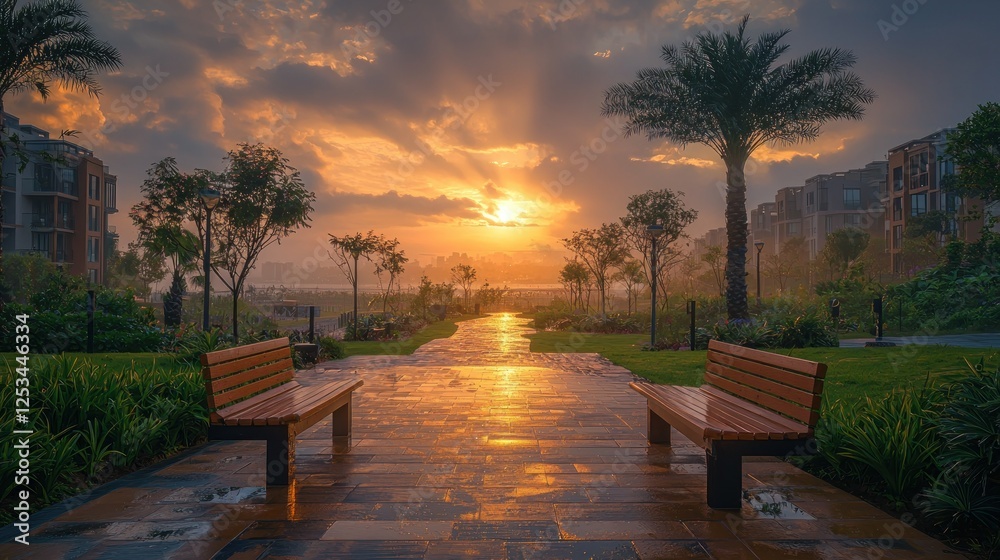 Fototapeta premium Sunset park pathway benches cityscape