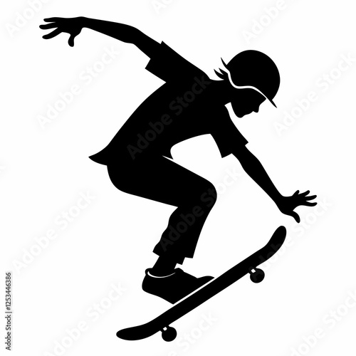 Silhouette of Skateboarder Performing an Air Trick, Isolated on White Background. Perfect for Design