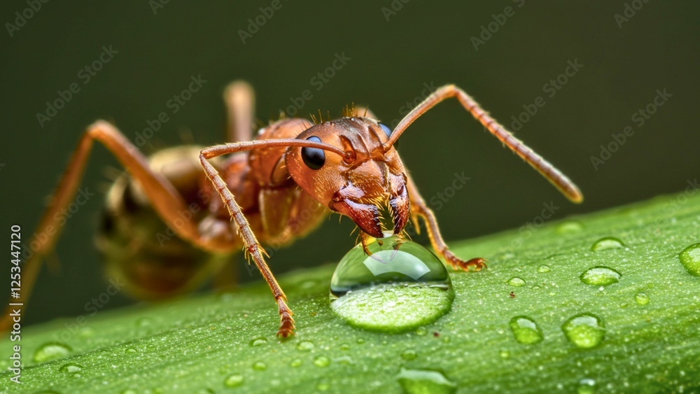 Insect Macro of Red Ant Quenching Its Thirst on a Leaf