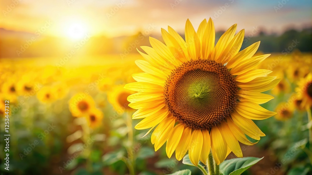 Fototapeta premium Large bright yellow sunflower in a field with soft focus background and gentle breeze blowing petals, landscape, sunlight
