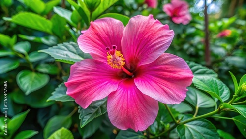 Large hibiscus flower with bright pink petals, stamen in the center, and green leaves surrounding it, color, botanical, petal