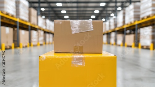 Cardboard boxes on yellow pallets in warehouse photo